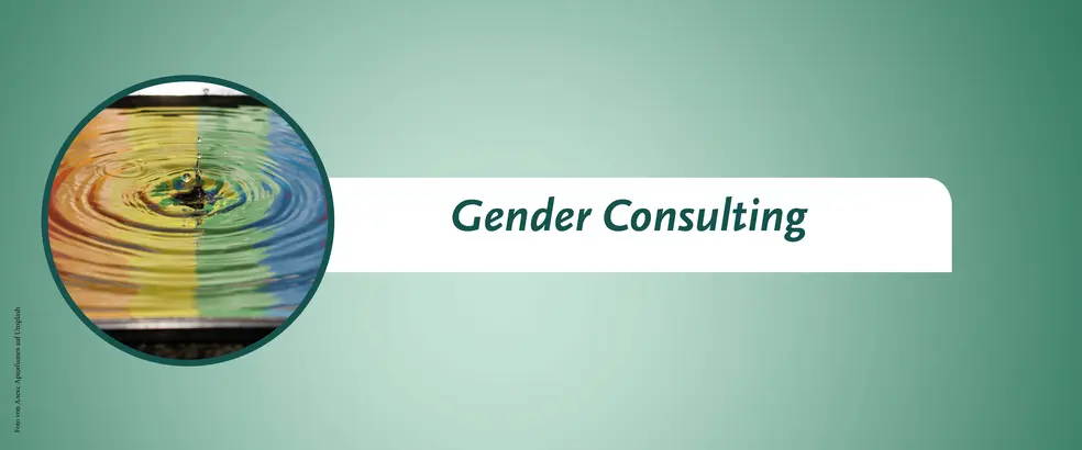 This is a banner with a green background for the 'Gender Consulting' page. A small circular image shows a water droplet wave with a rainbow flag as a background.