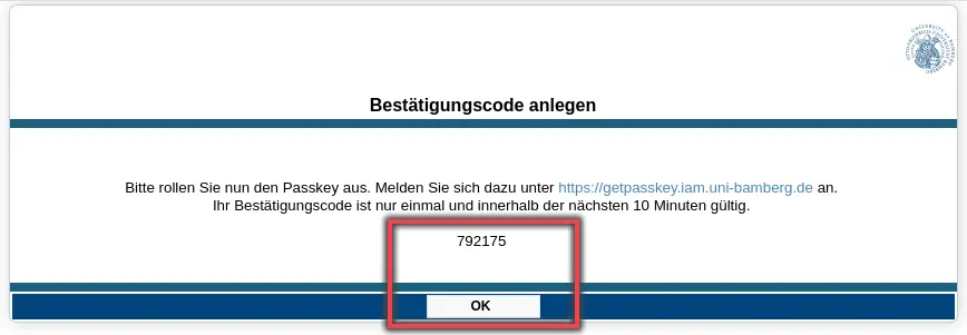 Bestätigungscode erzeugen im IAM-Portal Menü 