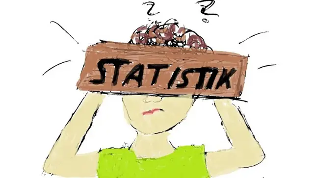 Eine Zeichnung von einem Mann mit einem Brett vor dem Kopf, auf dem Statistik steht.