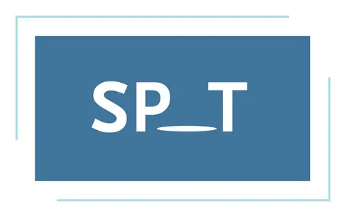 Zu sehen ist das Logo mit blauem Hintergrund von 'SPOT - Tagungsförderung für Nachwuchswissenschaftlerinnen'. Die Buchstaben 'SP' und 'T' sind in weißer Farbe geschrieben und der Buchstabe 'O' wird als flacher weißen Kreis dargestellt.