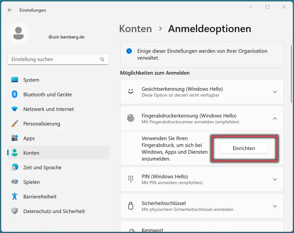 view Windows Hello fingerprint option