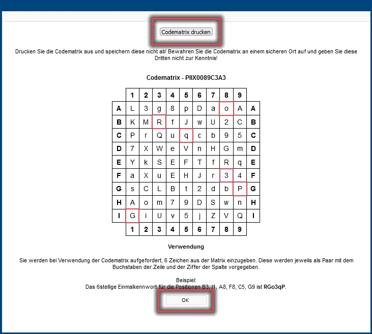 Abbildung 3: Codematrix ausdrucken
