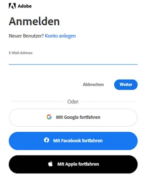 Anmeldefenster an Adobe Acrobat Dialogfenster, in eine E-Mail-Adresse eingegeben werden muss