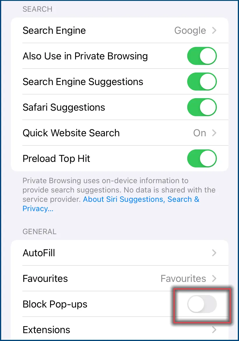 Screenshot 2: Pop-ups block deactivate in Safari app