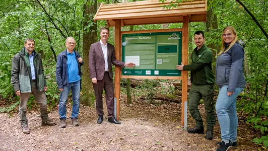 Stehen an einer von zwei neuen Infotafeln des Walderlebnispfads im Bruderwald (v.l.): Stephan Keilholz, Leiter des Forstbetriebs Forchheim der Bayerischen Staatsforsten, Senior Research Fellow Thomas Foken, Klima- und Umweltreferent Jonas Glüsenkamp, Revierförster Jonas Gürsching sowie Annika Hoffmann vom Projekt „MitMachKlima“.