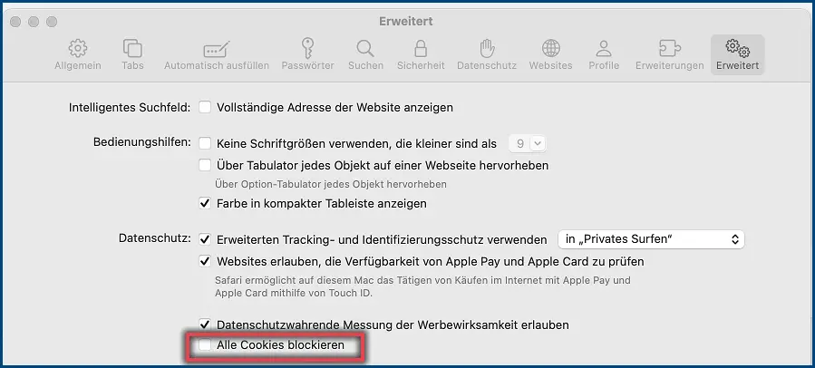 Abbildung 1: Cookies im Web-Browser Safari erlauben