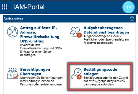 ansicht Im IAM-Portal Bestätigungscode anlegen Menü