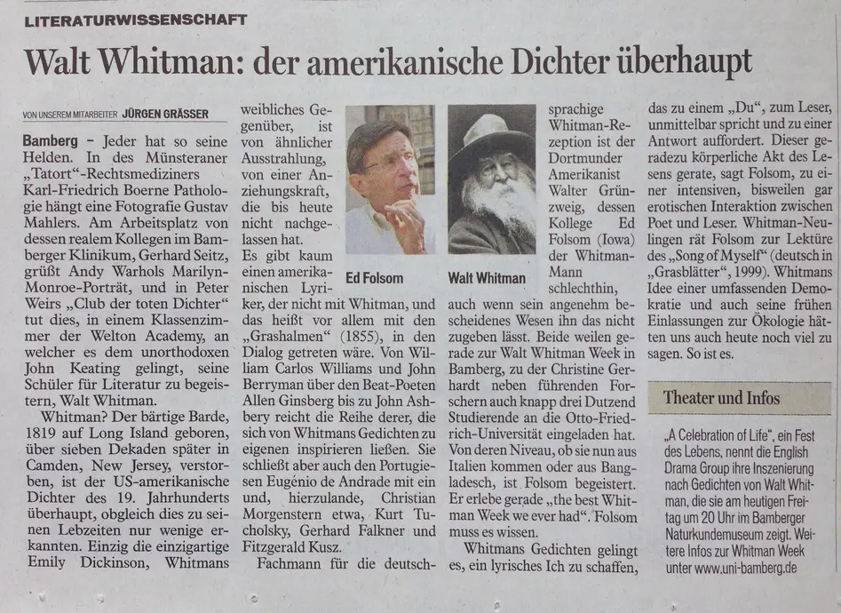 Photo of article in the local newspaper "Fränkischer Tag" about Walt Whitman.