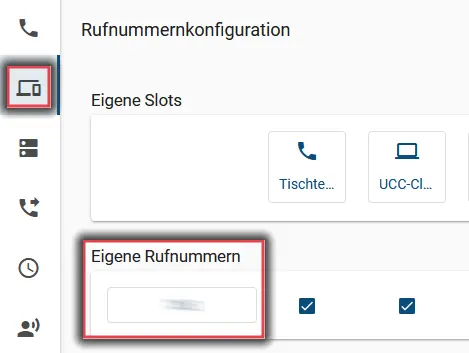 Bild zeigt die Rufnummerkonfiguration mit markierten Flächen des Notebook-Symbols und der Eigenen Rufnummer