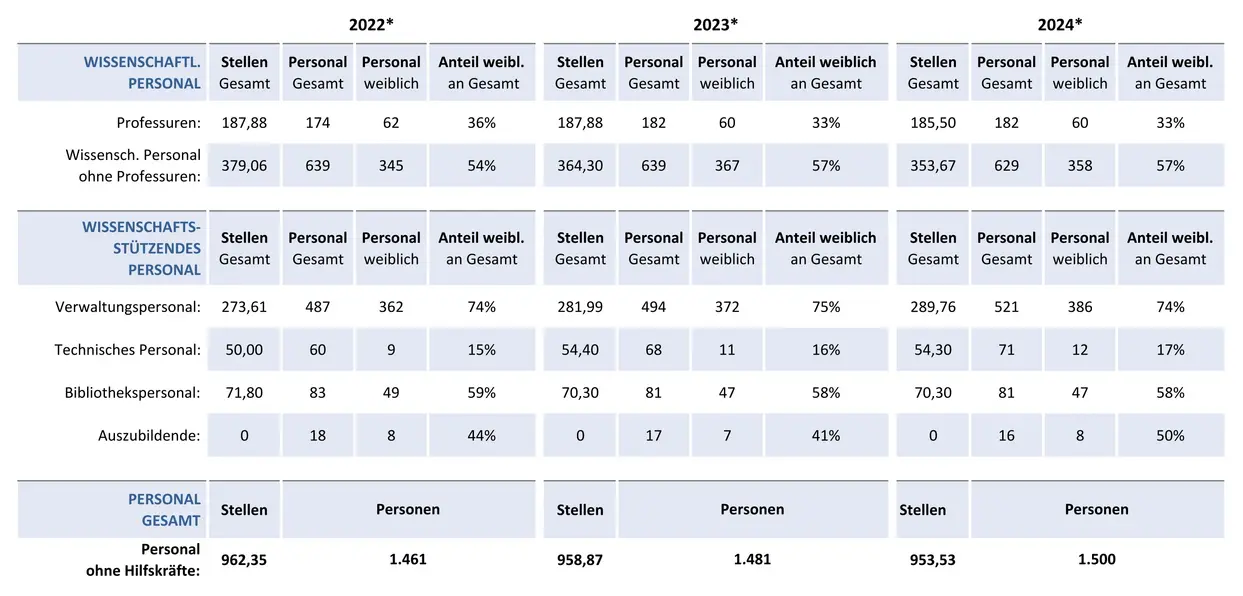 Grafik mit Zahlen zu Personal und Stellen an der Otto-Friedrich-Universität-Bamberg