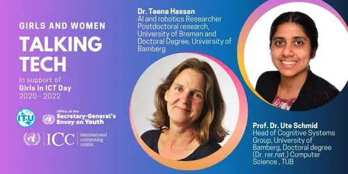 Announcement photos of Prof. Dr. Ute Schmid and Dr. Teena Hassan for the interview at "Girls and Women Talking Tech".