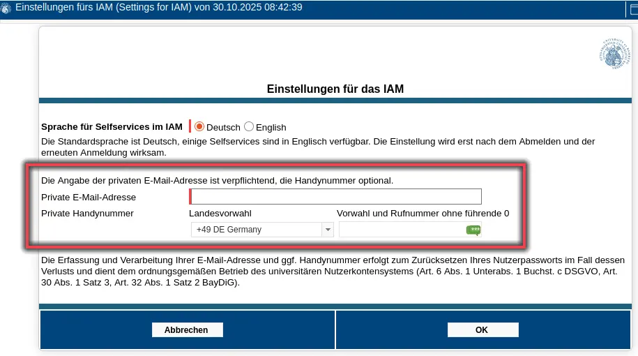 Ansicht Einstellungen für das IAM private E-Mail-Adresse hinterlegen