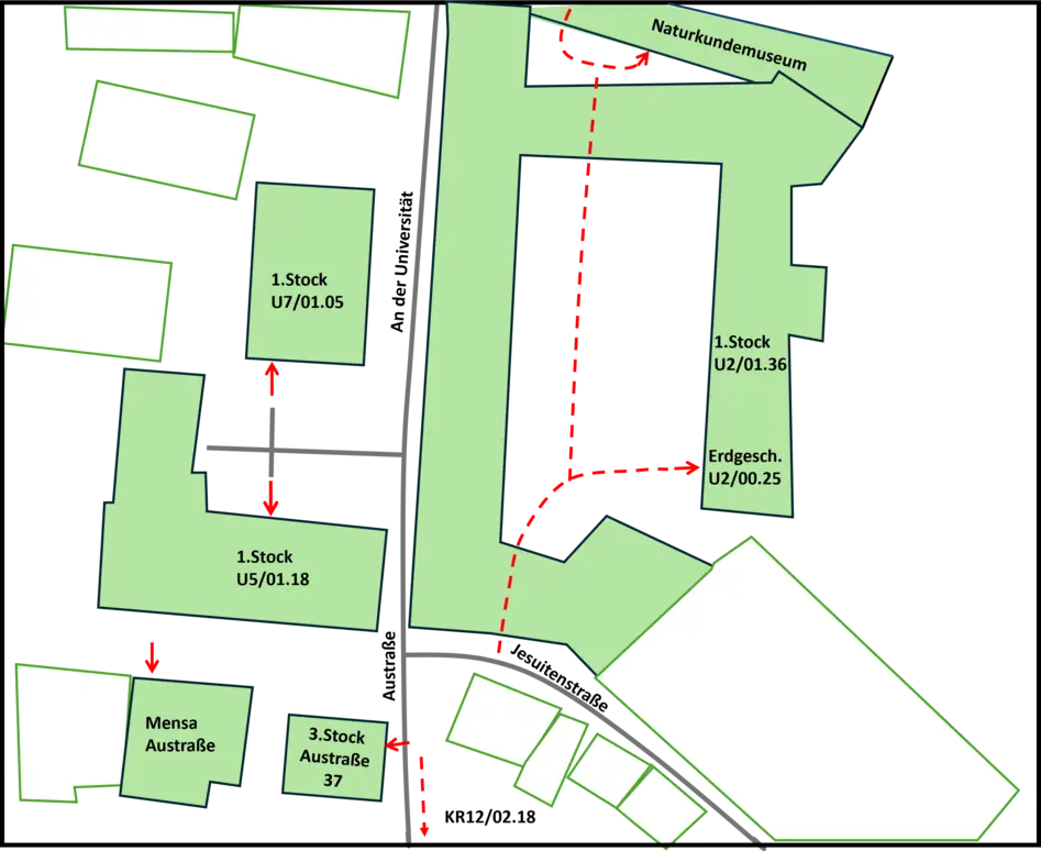 Der Lageplan zeigt die räumliche Lage der einzelen Veranstaltungsräume sowie Wege dort hin, zwischen den Gebäuden des Unigeländes Innenstadt.. 