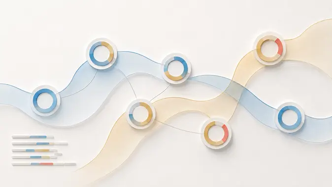 Comparing test coverage visually Abstract illustration: two overlapping colour bands with donut charts symbolising overlapping and complementary test coverage