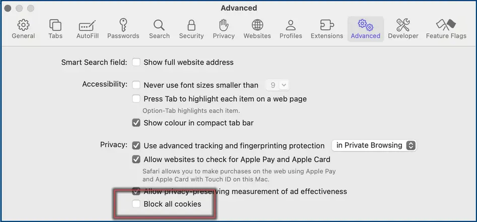 Screenshot 1: Cookie settings in Safari activate