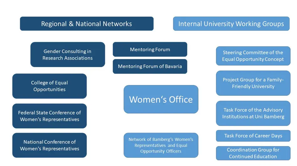 Diagram of regional and national networks, as well as internal university groups, in which the Women's Office is involved