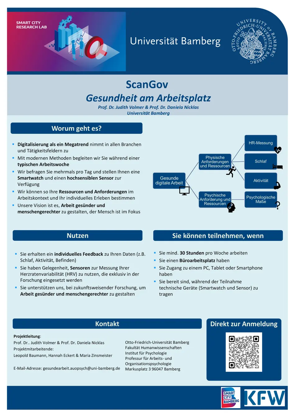 Dieses Poster klärt darüber auf worum es beim Projekt ScanGov - Gesundheit am Arbeitsplatz geht. Der angestrebte Nutzen wird erklärt. Schließlich wird erklärt, wie Sie am Projekt teilnehmen können. In der Ecke unten rechts befindet sich ein QR Code direkt zur Anmeldung am Projekt.