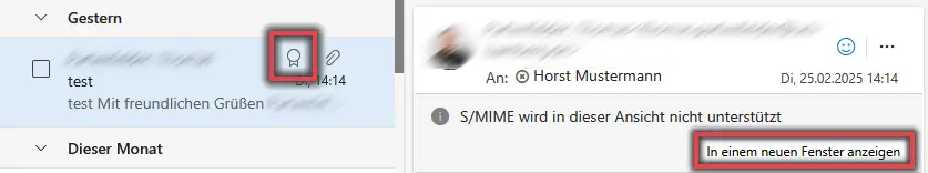 Signierte E-Mail in der Webschnittstelle von Office 365 mit der Meldung, dass die digitale Signatur nicht angezeigt werden kann. 