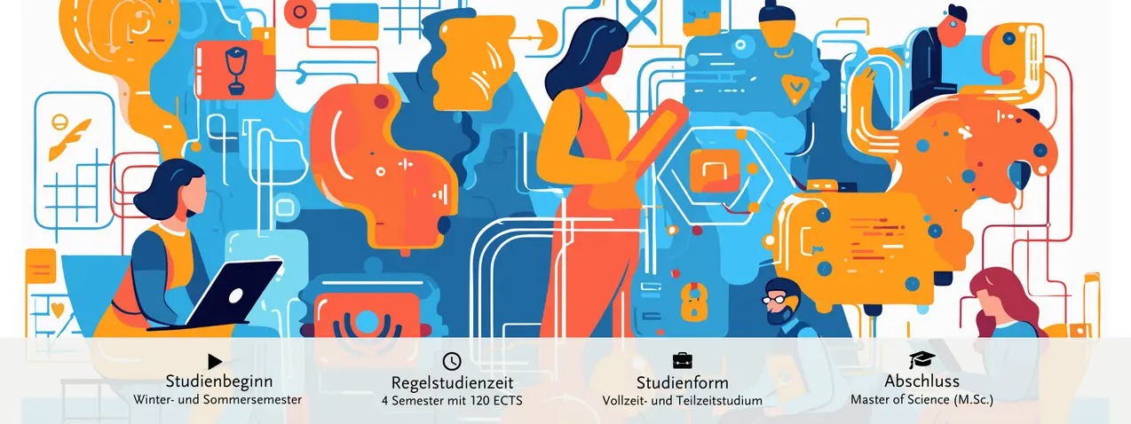Dekorative Grafik, unten stehen in einer hervorgehobenen Leiste folgende Informationen: Studienbeginn im Winter- und Sommersemester möglich