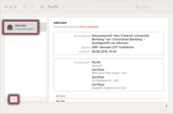Dialogfenster Profile unter macOS mit dem markierten Profil "eduroam" mit markierter Schaltfläche zum Löschen