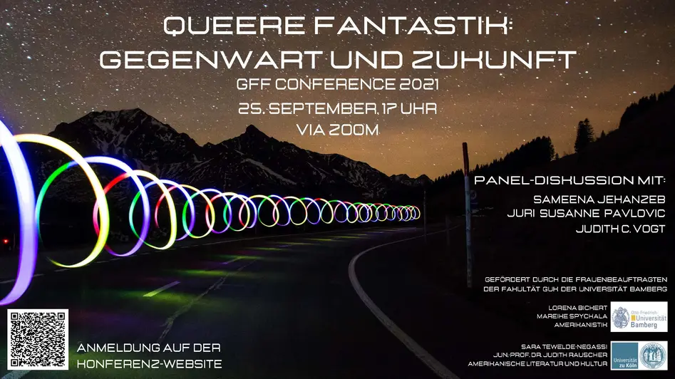 Poster für den Roundtable "Queere Fantastik: Gegenwart und Zukunft". Man sieht eine dunkle Straße unter einem Sternenhimmel. Eine Regenbogenfarbene Lichtspirale erstreckt sich über der Straße in die Ferne. 