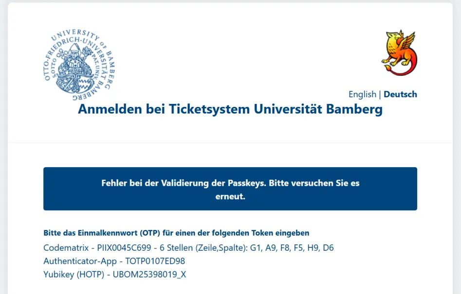 Abbildung 4: Abbildung 1: Fehler bei der Validierung der Passkeys durch Shiboleth