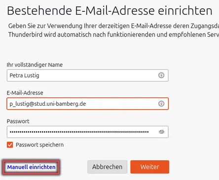 view Window for setting up an existing email address