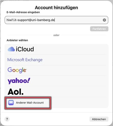 Ansicht Anbieter Anderer Mail-Account