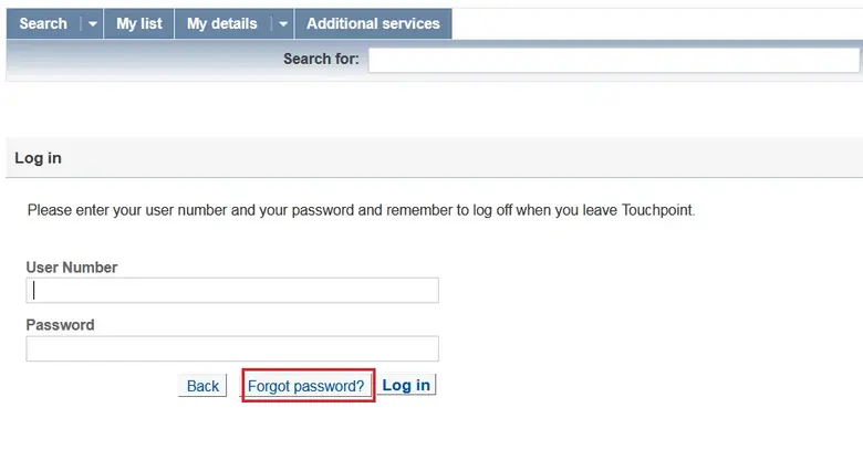 "Forgot password" button on login page