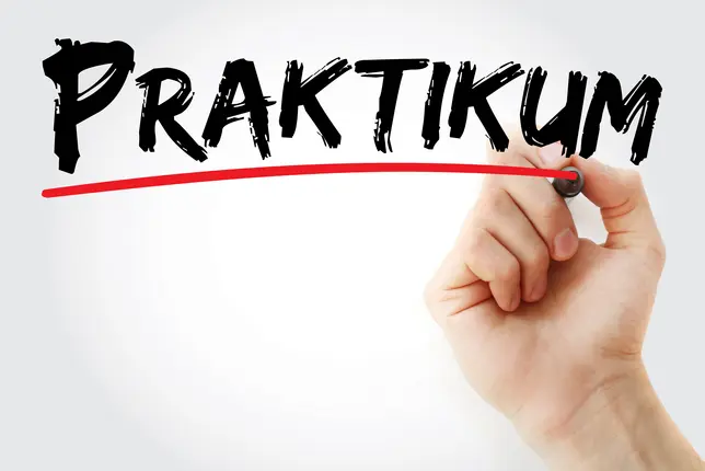 Das Bild zeigt den Schriftzug "Praktikum" und eine Hand die diesen rot unterstreicht..