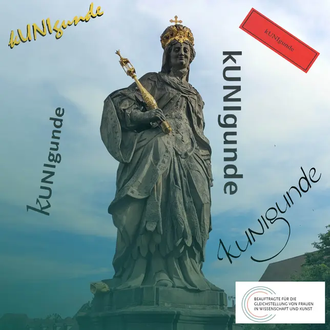 Eine Fotografie der Kunigundestatue auf der unteren Brücke in Bamberg. Es wurden fünf Schriftzüge "kUNIgunde" in das Bild bearbeitet und umgeben die Statue. Die verschieden gestalteten Schriftzüge stammen aus unterschiedlichen Jahren der Printausgabe und sollen die Entwicklung darstellen.