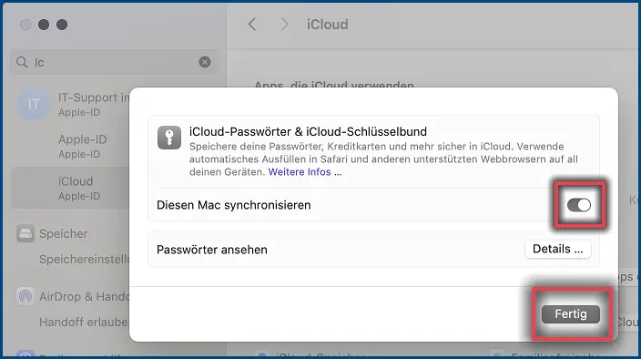 Abbildung 2: Unter Menü Apple-ID - iCloud Passwörter & Schlüsselbund für diesen Mac synchronisieren