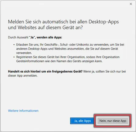 Ansicht Automatische Anmeldung bei Office-Apps