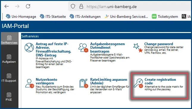 Screenshot 4: Create registration code in the IAM portal 