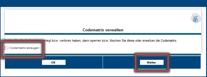 Abbildung 2: Codematrix erzeugen im IAM-Portal