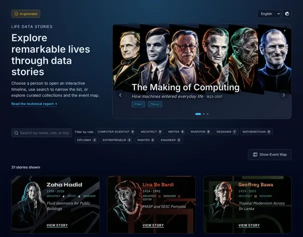 Landing page of Life Data Stories with a carousel of meta stories and a grid of personal stories