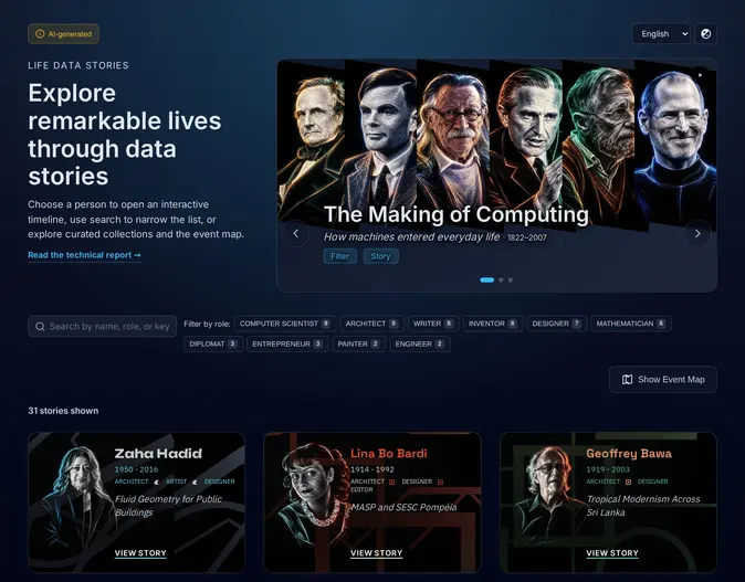 Startseite von Life Data Stories: oben ein Karussell mit Meta-Geschichten, darunter die persönlichen Geschichten in einem filterbaren Raster