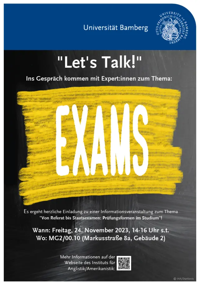 Poster für das Event "Let's Talk!". Die Informationen zum Event stehen auf einem Hinterground der aussieht wie eine Tafel.