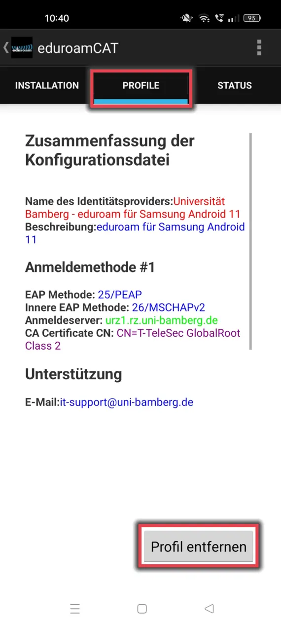 App eduroamCAT mit markiertem Register "Profile" unter Android und hervorgehobener Schaltfläche "Profil entfernen"