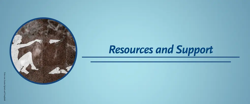 This is a banner with a blue background for the 'Resources and Support' page. In a circular image, a person can be seen sitting on the ground and throwing a paper airplane into the air. The background consists of a dark, textured surface that looks like a starry sky. There are more paper airplanes on the ground, some of them torn. 