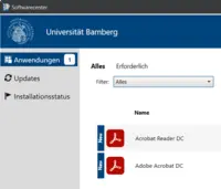 Ausschnitt des Softwarecenter unter Windows 10 mit den beiden Programm Adobe Reader DC und Acrobat Pro DC