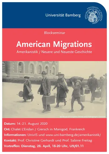 Poster for the seminar. In addition to the information about the event, it shows a blurry picture of emigrants carrying suitcases.