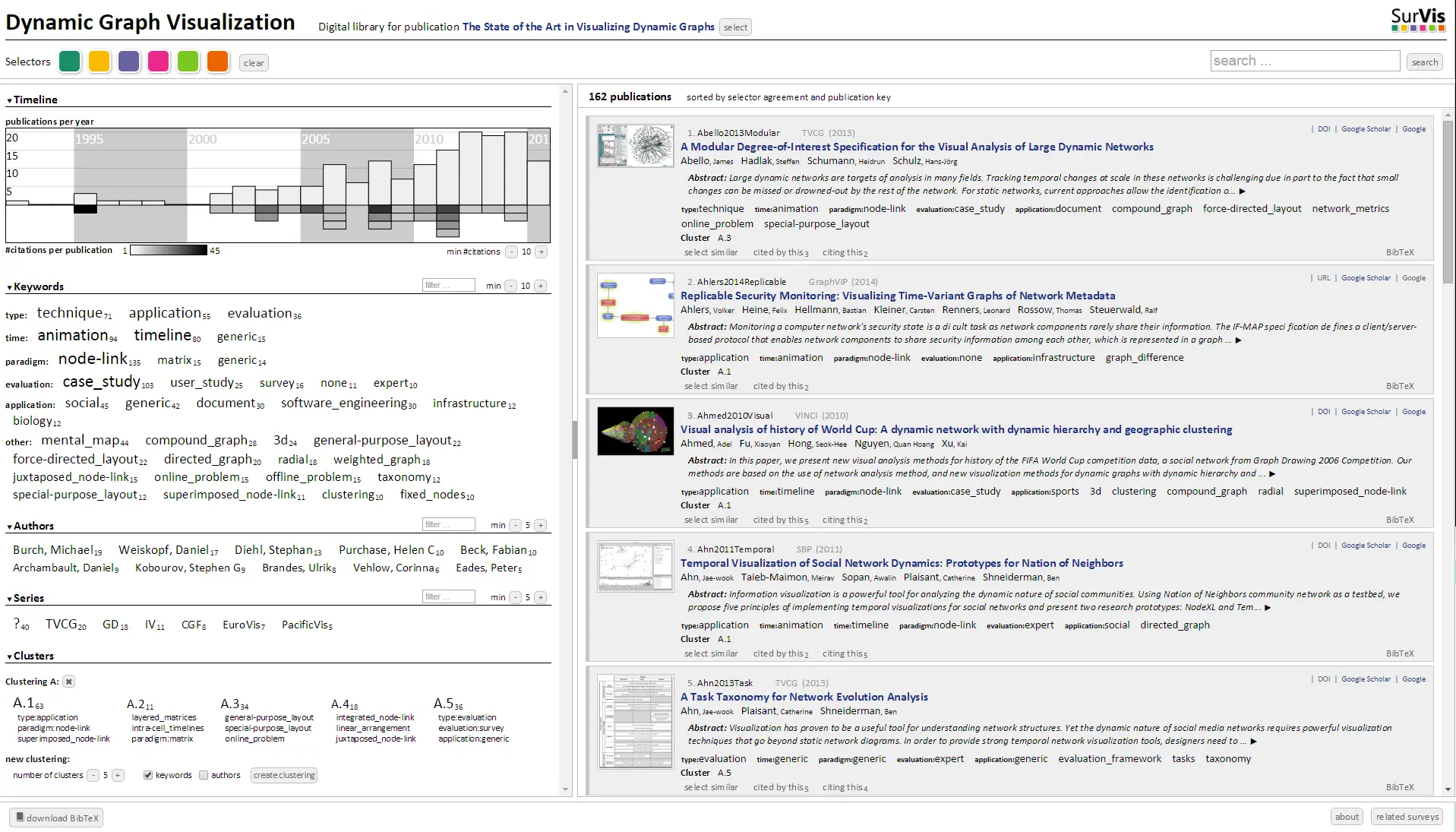 Interface of SurVis showing a literature collection on dynamic graph visualization.