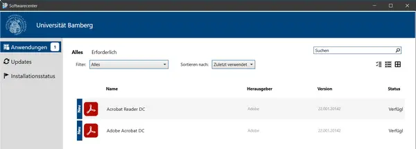 Softwarecenter mit Liste der Programme Ausschnitt des Softwarecenter unter Windows 10 mit den beiden Programm Adobe Reader DC und Adobe Acrobat DC