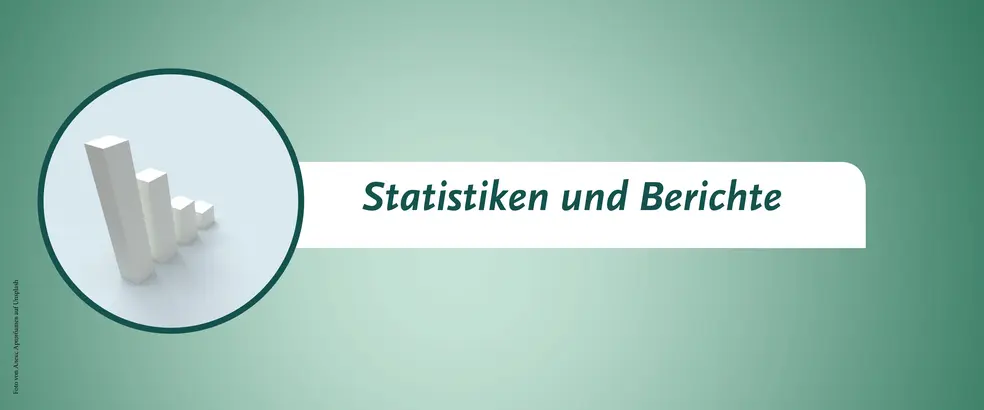 Zu sehen ist ein Banner mit grünem Hintergrund für die Seite 'Statistiken und Berichte'. In einem kleinen kreisrunden Bild ist eine weiße 3D-Grafik zu sehen.