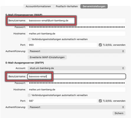 Ansicht Servereinstellungen unter Accounteinstellungen
