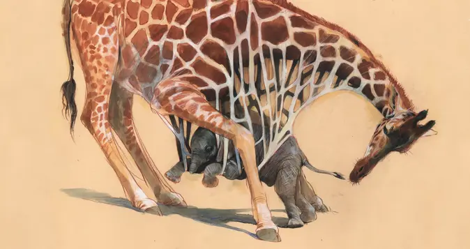 Eine Illustration zeigt eine Giraffe und einen Elefanten