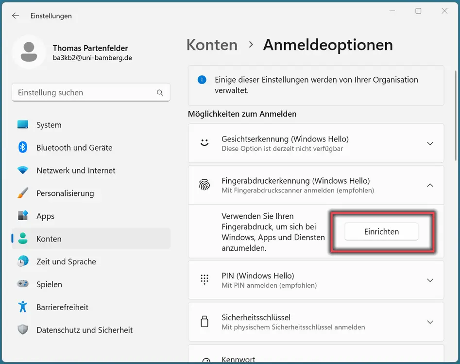 Ansicht Windows Hello Fingerprint Option
