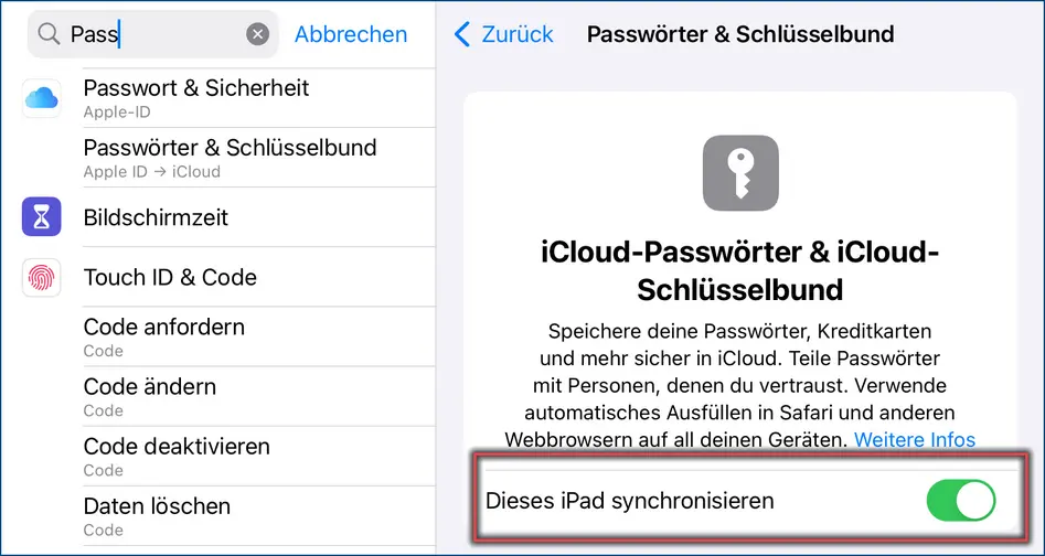 Abbildung 1: Passwörter & Schlüsselbund Einstellungen in iCloud Menu einrichten