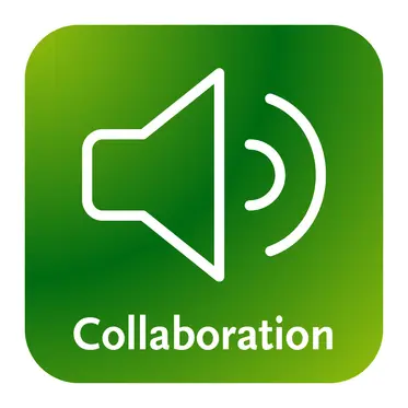 Icon: Lautsprecher auf grünem Grund mit der Unterschrift "Collaboration"
